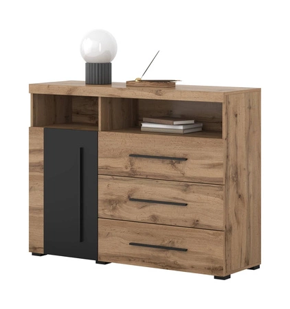 Komoda z szufladami Roger 121 cm dąb wotan / czarny nowoczesna stylistyka komody wzbogacona o stylowe czarne dodatki idealna do salonu sypialni