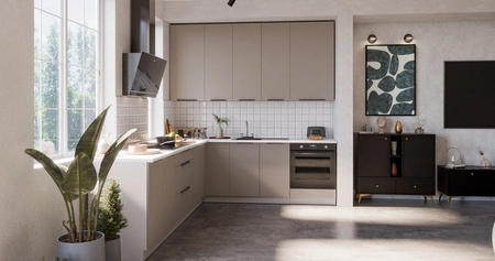 Zestaw mebli kuchennych narożny Fiuggi Wh 290x230 cm stylowe szafki kuchenne z frontami wykonanymi w technologii anti fingerprint