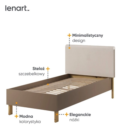 Łóżko Lenny 90x200 cm truflowy / beżowy / dąb artisan doskonałe łóżko do pokoju dziecięcego z wygodnym tapicerowanym zagłówkiem