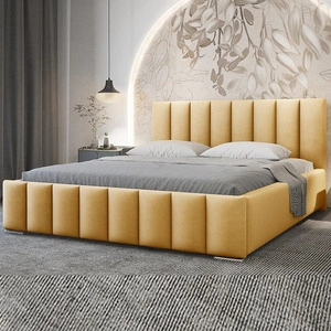 Łóżko tapicerowane Foggo 140x200 miodowe stylowe łóżko z pojemnikiem na pościel wygodny zagłówek zachwyca eleganckim designem