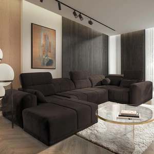 Narożnik z funkcją spania Cetara IV brązowy lewostronny stylowy design narożnika z przesuwanymi oparciami dwa pojemniki na pościel