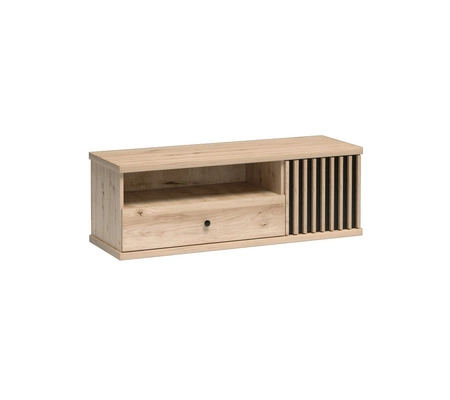 Szafka RTV Cali 124 cm dąb artisan / czarny elegancki styl szafki pod telewizor czarne uchwyty ozdobne lamele na drzwiach pojemna szuflada