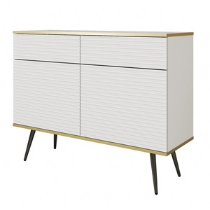 Komoda z szufladami Luxury 107 cm biała stylowa komoda z ryflowanymi frontami korpus zwieńczony złotą listwą czarne metalowe nogi