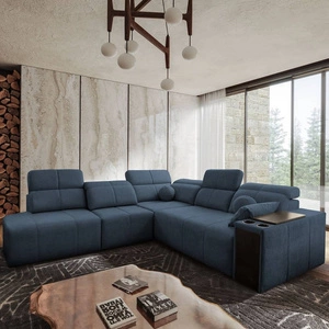 Narożnik z funkcją spania Tesalia IX niebieski lewostronny nowoczesny design komfortowe przesuwane oparcie szuflada w boczku mebla