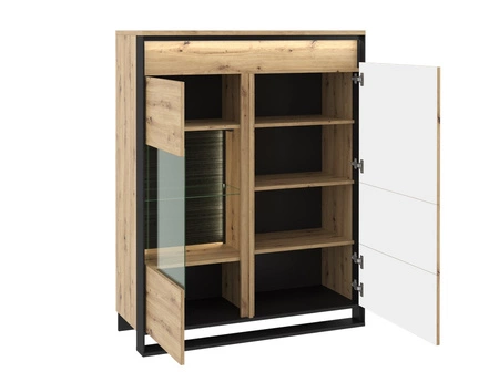 Witryna niska Quant 110 cm dąb artisan / czarny elegancka witryna do salonu w stylu loftowym z subtelnym oświetleniem LED