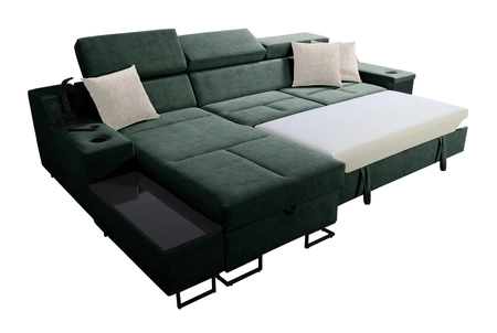 Narożnik z funkcją spania Alcamo burgundowy lewostronny elegancki i stylowy narożnik z dostawką praktyczna szuflada w boczku mebla