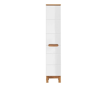 Słupek łazienkowy Bali 35 cm biały połysk / dąb wotan wysoka szafka wyposażona w kosz na pranie duża odporność na wilgoć