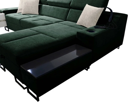 Narożnik z funkcją spania Alcamo beżowy / czarny prawostronny elegancki i stylowy narożnik z dostawką praktyczna szuflada w boczku mebla