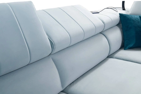 Narożnik z funkcją spania Rava III brązowy prawostronny velvet komfortowy narożnik z regulowanymi zagłówkami i pojemnikiem na pościel