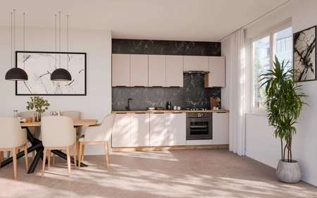 Zestaw mebli kuchennych Soela 260 cm eleganckie szafki kuchenne z metalowymi uchwytami krawędziowymi subtelna naturalna kolorystyka