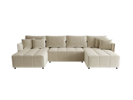 Narożnik z funkcją spania Oroso U beżowy pojemnik na pościel miękka tkanina typu velvet z powłoką hydrofobową ozdobne pikowania