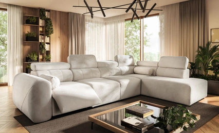 Narożnik z funkcją spania Cantare XI Lux kremowy prawostronny komfortowy narożnik do salonu z podnoszonym podnóżkiem miękka tkanina