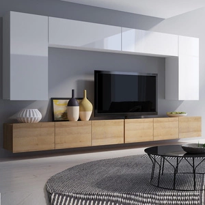 Meblościanka Apulia XIII biały połysk / dąb złoty wyjątkowo stylowa meblościanka proste bryły wpisujące się w każde wnętrze