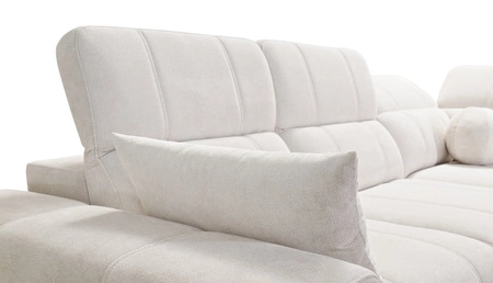 Narożnik z funkcją spania Penejos IX szary popiel prawostronny stylowy narożnik z pojemnikami na pościel wygodne regulowane zagłówki