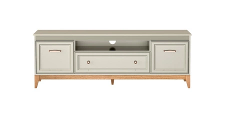 Szafka RTV Windsor 179 cm beżowy / dąb stylowa szafka o klasycznym designie wsparta na drewnianej podstawie uchwyty w kolorze miedzi