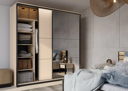 Szafa przesuwna z lustrem Enna 220 cm beżowy / czarny elegancki design doskonała szafa do sypialni lub garderoby oświetlenie LED