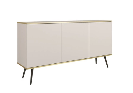 Komoda Luxury 160 cm beżowa elegancki design korpus zwieńczony złotą listwą komoda wsparta na czarnych metalowych nogach