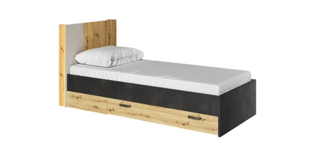 Łóżko Qubic 90x200 cm dąb artisan / raw steel / silk flou wygodne łóżko z szufladą wysoki zagłówek z oświetleniem LED i półką