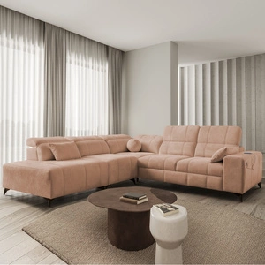 Narożnik z funkcją spania Penejos IX łososiowy lewostronny stylowy narożnik z pojemnikami na pościel wygodne regulowane zagłówki