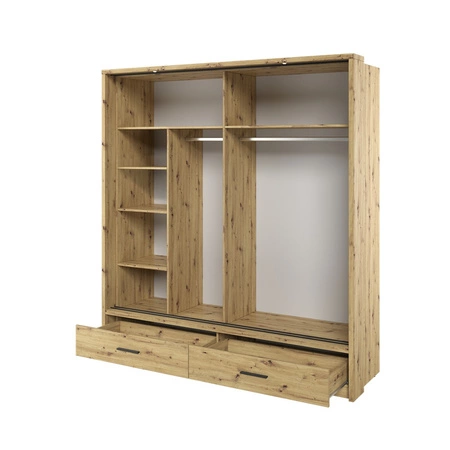 Szafa przesuwna z lustrem Arti 200 cm dąb artisan funkcjonalna szafa do przedpokoju z szufladami duże lustra podkreśla oświetlenie LED