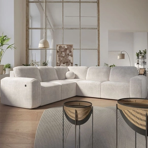 Narożnik z funkcją spania Arbon III beżowy lewostronny wyjątkowo stylowy narożnik z pojemnikiem na pościel unikalny obły kształt