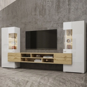 Meblościanka Coby biała / biały połysk / dąb wotan stylowe meble o ciekawym designie srebrne uchwyty meblościanka do salonu elementy z szkła hartowanego