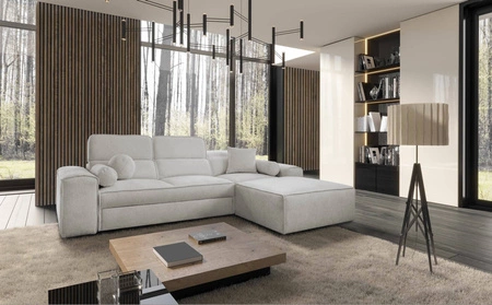 Narożnik z funkcją spania Viano szary popiel prawostronny stylowy narożnik o ciekawym kształcie regulowane zagłówki ozdobne poduszki