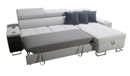 Narożnik z funkcją spania Dafni grafitowy prawostronny pleciony komfort i funkcjonalność podczas codziennego wypoczynku