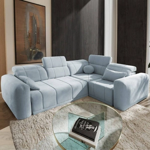 Narożnik z funkcją spania Cetara II błękitny prawostronny stylowy design przesuwane oparcia regulowane zagłówki i pojemnik na pościel