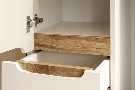 Słupek łazienkowy Bali 35 cm beżowy / dąb wotan wysoka szafka do łazienki z szufladą osadzona na stabilnych nogach