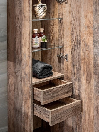 Słupek łazienkowy wiszący Santa Fe 35 cm dąb vintage elegancka szafka do łazienki dwie szuflady we wnętrzu metalowy uchwyt krawędziowy