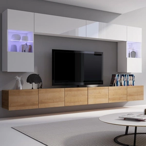 Meblościanka Apulia biały połysk / dąb złoty wyjątkowo stylowa meblościanka proste bryły wpisujące się w każde wnętrze