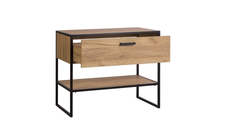 Szafka pod umywalkę nablatową Brooklin 90 cm dąb craft złoty funkcjonalna szafka do łazienki w stylu industrialnym z szufladą i półką