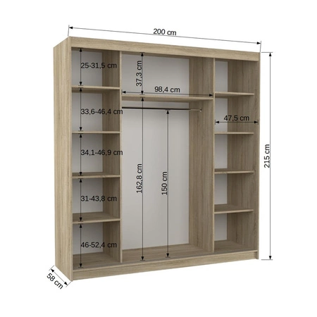 Szafa przesuwna Esteva 200 cm czarny / biały praktyczna i pojemna szafa do sypialni fronty wykończone poziomymi srebrnymi listwami