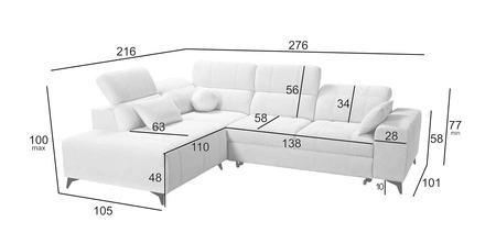 Narożnik z funkcją spania Penejos VII jasny szary lewostronny stylowy narożnik z pojemnikiem na pościel wygodne regulowane zagłówki