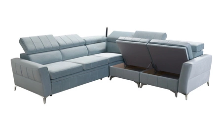 Narożnik z funkcją spania Rava IV jasny beż prawostronny velvet komfort podczas codziennego wypoczynku pojemnik na pościel