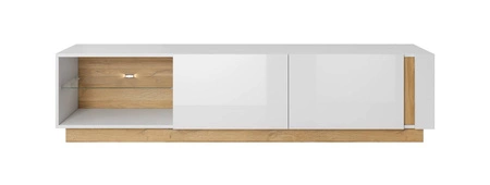 Szafka RTV Adria 187 cm biały połysk / dąb grandson nowoczesny design i bezuchwytowy system otwierania drzwiczek