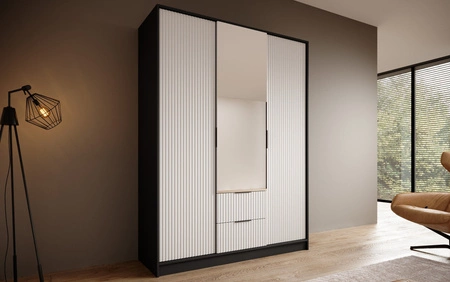 Szafa z lustrem Norel 150 cm czarny / biały stylowa szafa o nowoczesnym designie z ryflowanymi frontami i pojemnymi szufladami