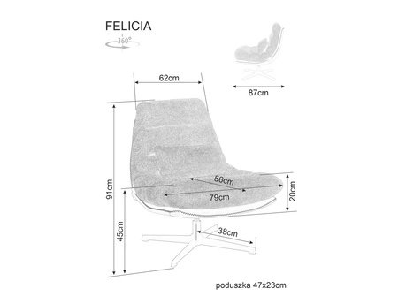 Fotel Felicia szary / szara ekoskóra funkcjonalny oraz nowoczesny fotel obrotowy z metalowymi nogami ozdobna poduszka
