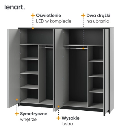 Szafa z lustrem Gris 250 cm szary / czarny elegancki design idealna szafa do sypialni lub garderoby klimatyczne oświetlenie LED