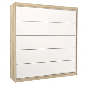 Szafa przesuwna Esteva 200 cm dąb sonoma jasny / biały praktyczna szafa do sypialni fronty wykończone poziomymi srebrnymi listwami