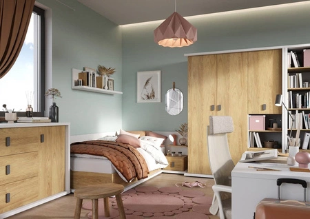 Łóżko Simi 90x200 cm biały / hikora naturalna prawostronne wygodne łóżko w stylu nowoczesnym tapczan z pojemnikiem na pościel