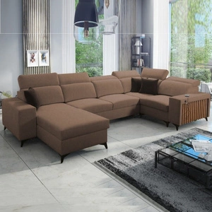 Narożnik z funkcją spania Kelly IV jasny brąz lewostronny pleciony komfortowy narożnik regulowane zagłówki bok wykończony lamelami