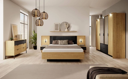 Szafki nocne Baltic dąb baltic / czarny z szufladą nowoczesny design szafki z subtelnym oświetleniem LED efektowne ryflowane fronty