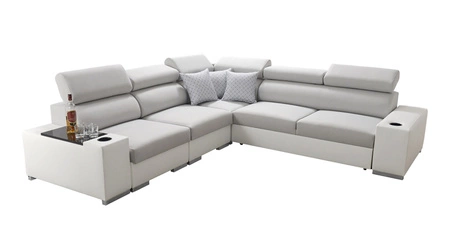 Narożnik z funkcją spania Provo III szary / biały lewostronny narożnik z pojemnikiem na pościel i regulowanymi zagłówkami