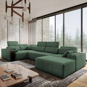 Narożnik z funkcją spania Tesalia IV miętowy prawostronny komfortowy narożnik do salonu z innowacyjną funkcją przesuwanego oparcia