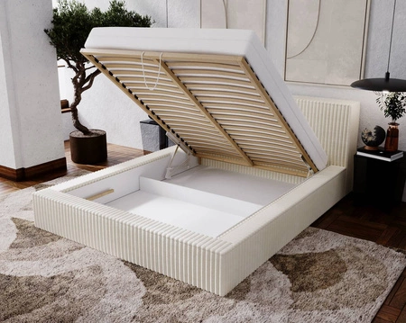 Łóżko tapicerowane Tilo 160x200 kremowe nowoczesny design łóżko z pojemnikiem na pościel z komfortowym zagłówkiem tkanina z wyrazistymi prążkami