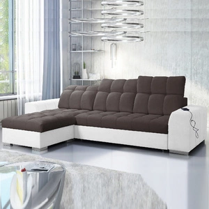 Narożnik z funkcją spania Luigi brązowy / biały lewostronny narożnik z dwoma pojemnikami na pościel tkanina o ciekawej strukturze