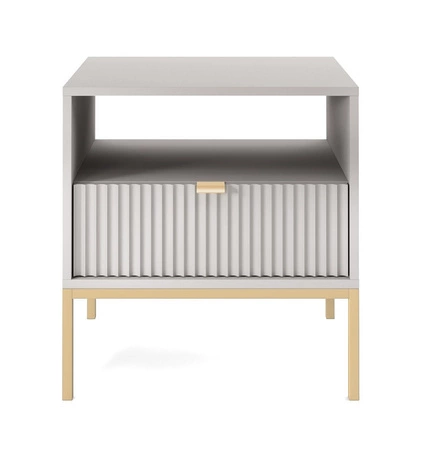 Szafka nocna z szufladą Lovro szara gustowny ryflowany dekor idealna szafka do sypialni złote metalowe dodatki