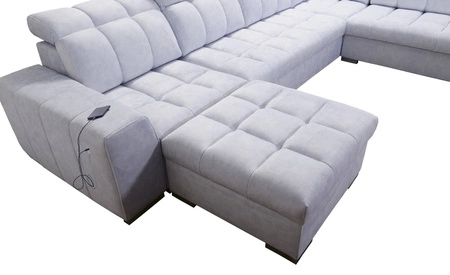 Narożnik z funkcją spania Luigi VI szary lewostronny stylowy narożnik rozkładany z pojemnikami na pościel pokryty miękką tkaniną